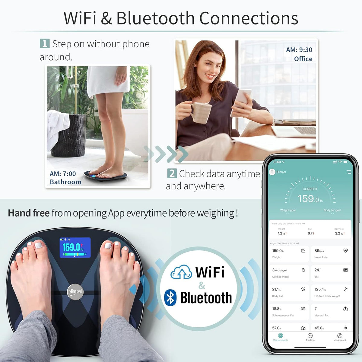 Smart Body Fat Water Weight WiFi Bluetooth Rechargeable Digital Bathroom Scale V50428