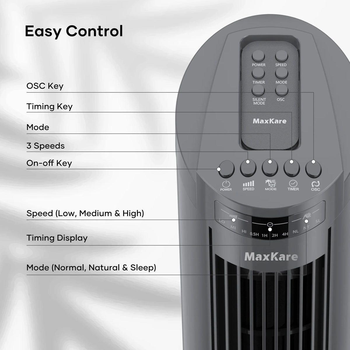 70° Oscillating Tower Fan with Remote Control 3 Speeds 3 Wind Modes Timer Dark Gray E109585