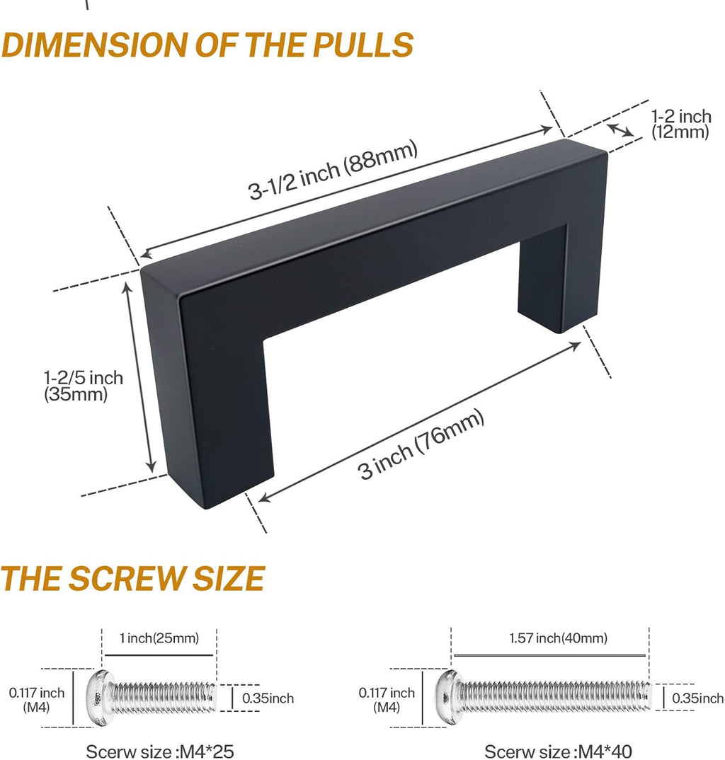 25 Pack 3 Inch Matte Black Square Cabinet Pulls D326780