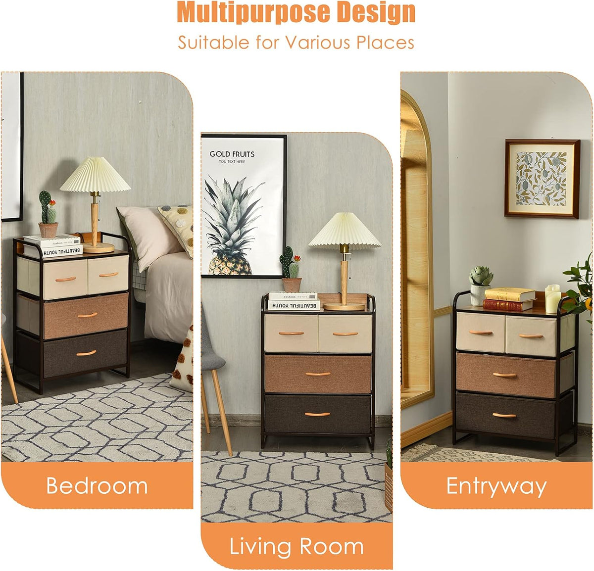 4 Drawer Fabric Dresser with Steel Frame and Wooden Top J1729