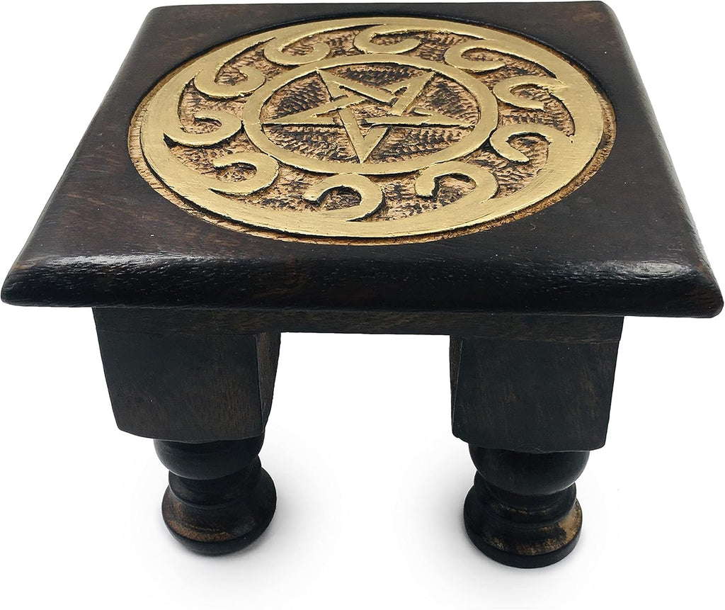 Carved Wooden Altar Table - Painted Black with Gold Design - 6 Inches Wide, 4 Inches Tall N46797