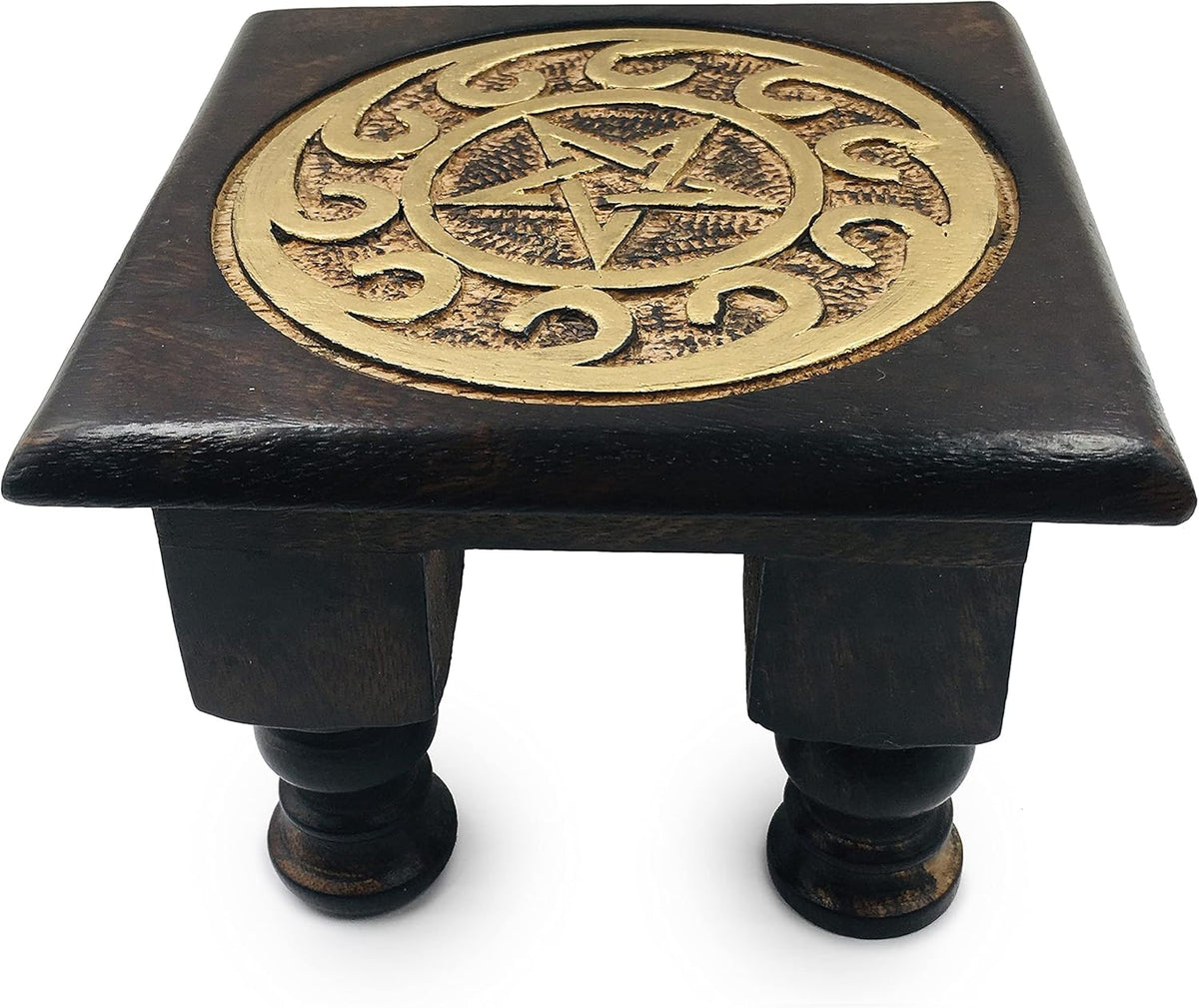 Carved Wooden Altar Table - Painted Black with Gold Design - 6 Inches Wide, 4 Inches Tall N46797