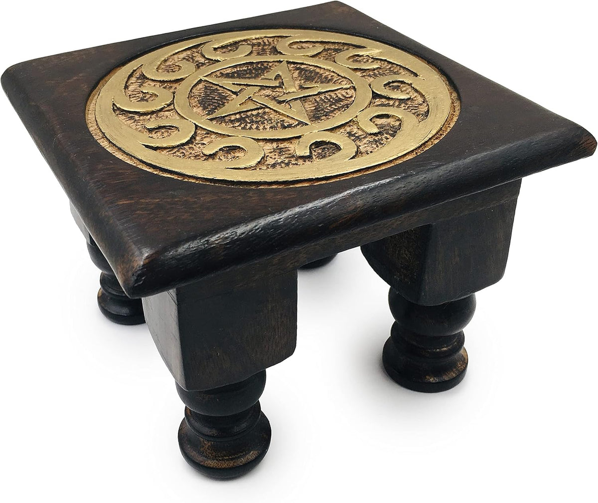 Carved Wooden Altar Table - Painted Black with Gold Design - 6 Inches Wide, 4 Inches Tall N46797