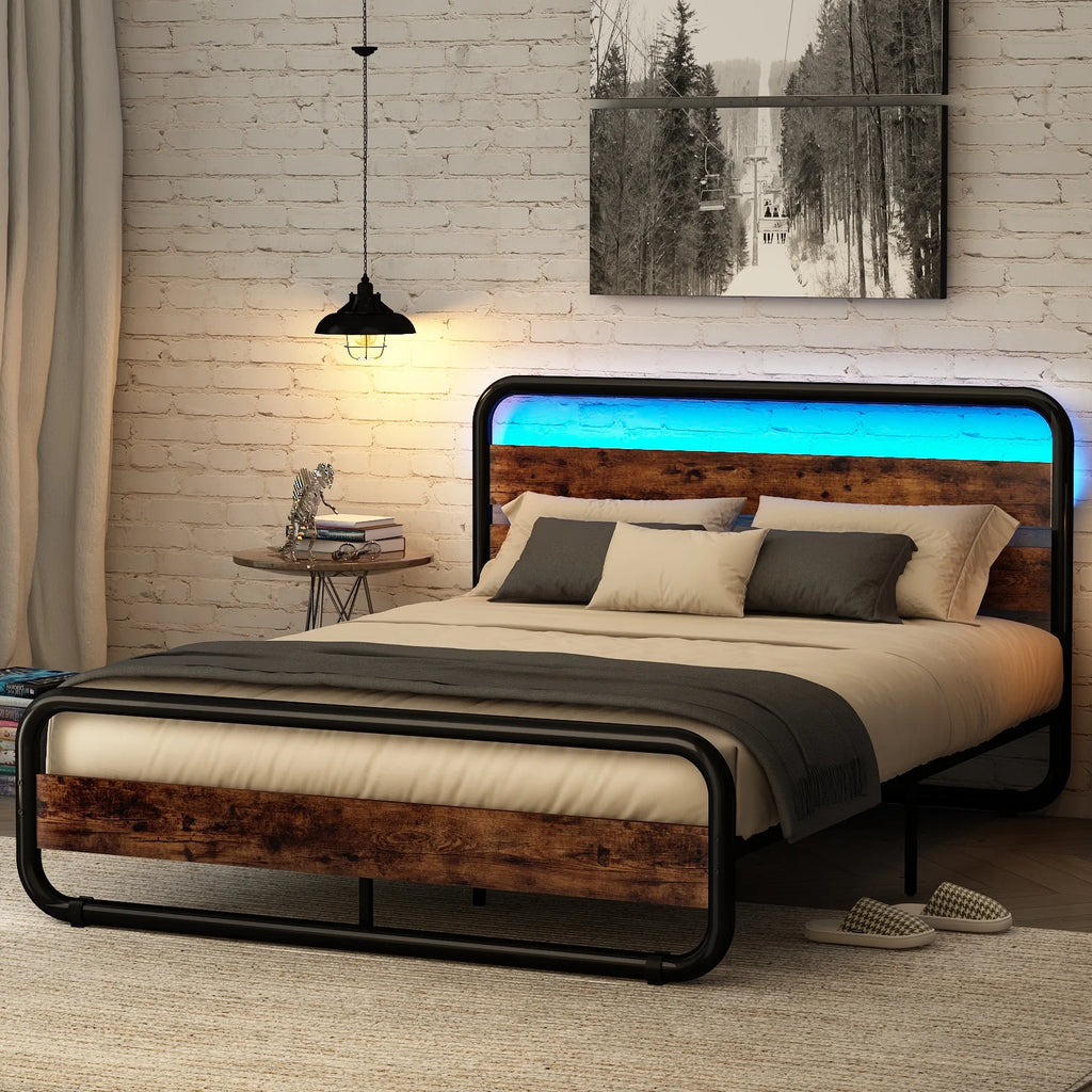 Queen Size Wood and Metal Bed Frame with LED Lights M230896