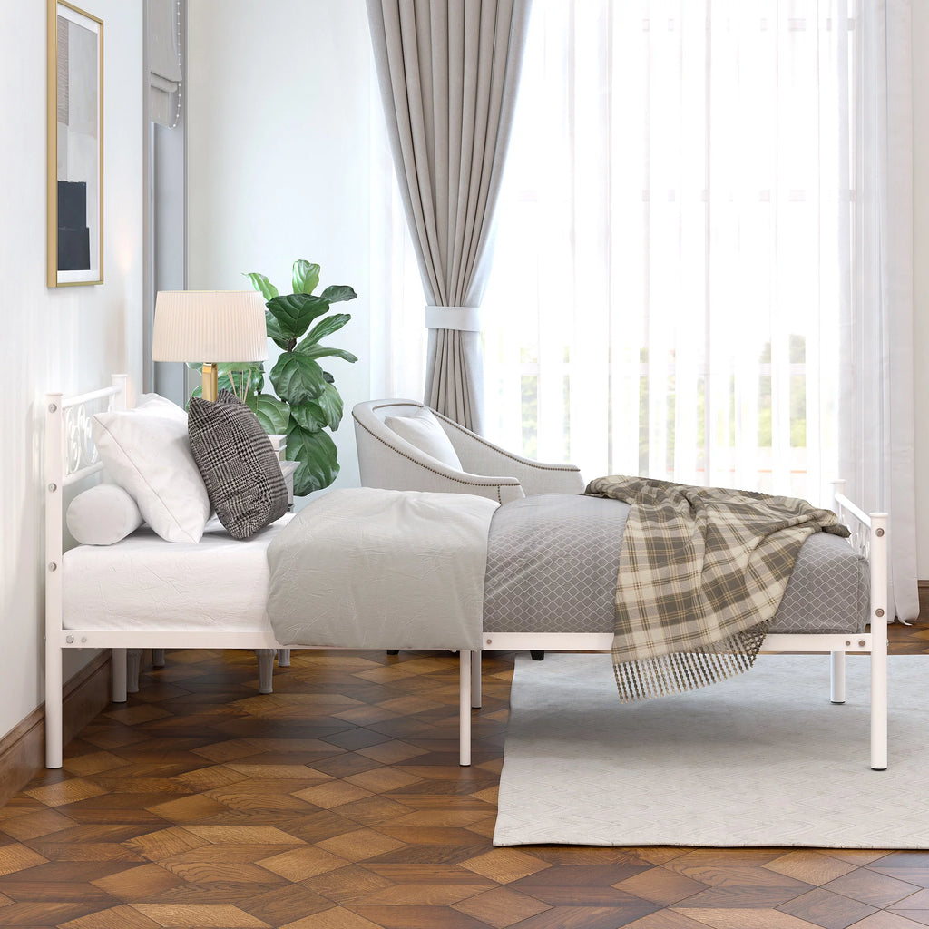 White Metal Twin Size Platform Bed Frame with Wave Headboard M14680