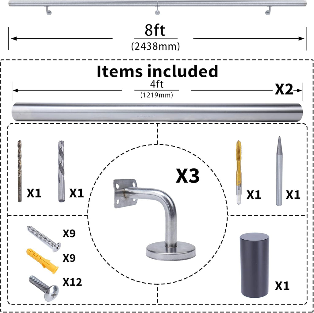 Brushed Stainless Steel Wall Mounted Stair Handrail P662