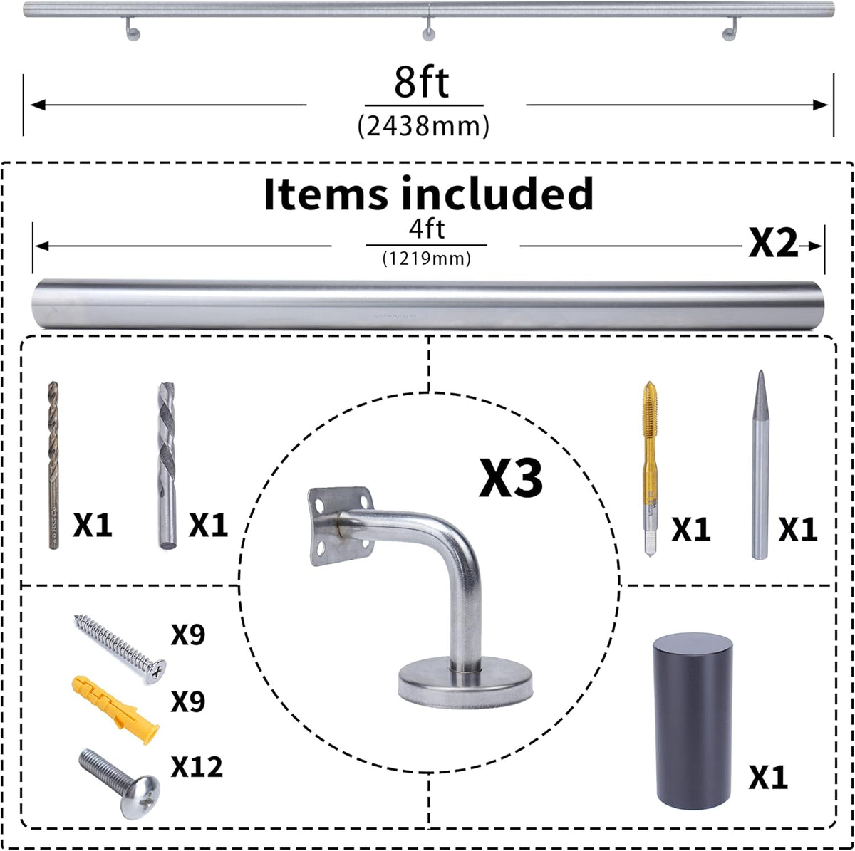 Brushed Stainless Steel Wall Mounted Stair Handrail P662