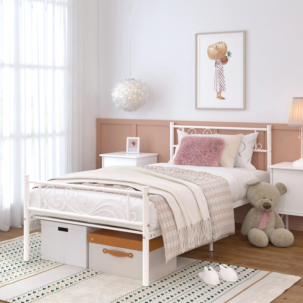 White Metal Twin Size Platform Bed Frame with Wave Headboard M14680
