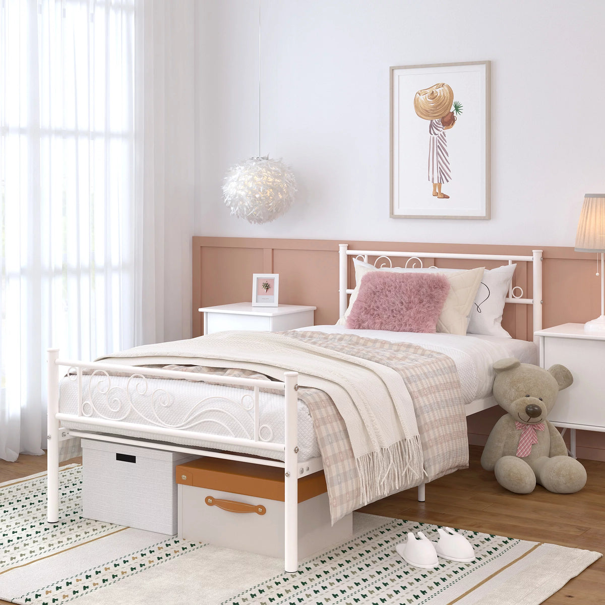 White Metal Twin Size Platform Bed Frame with Wave Headboard M14680