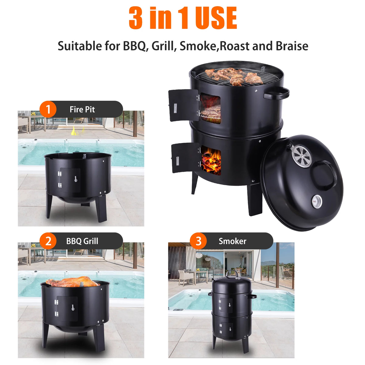 Portable Charcoal Grill 3 in 1 BBQ Smoker M431