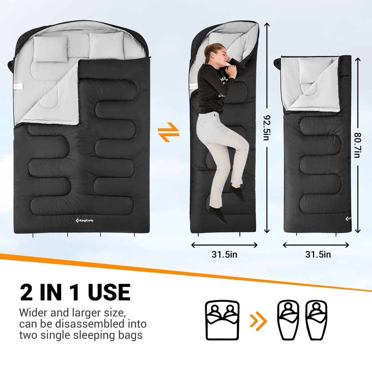 Double 2 Person 3 Season Camping Sleeping Bag with 2 Pillows N16506
