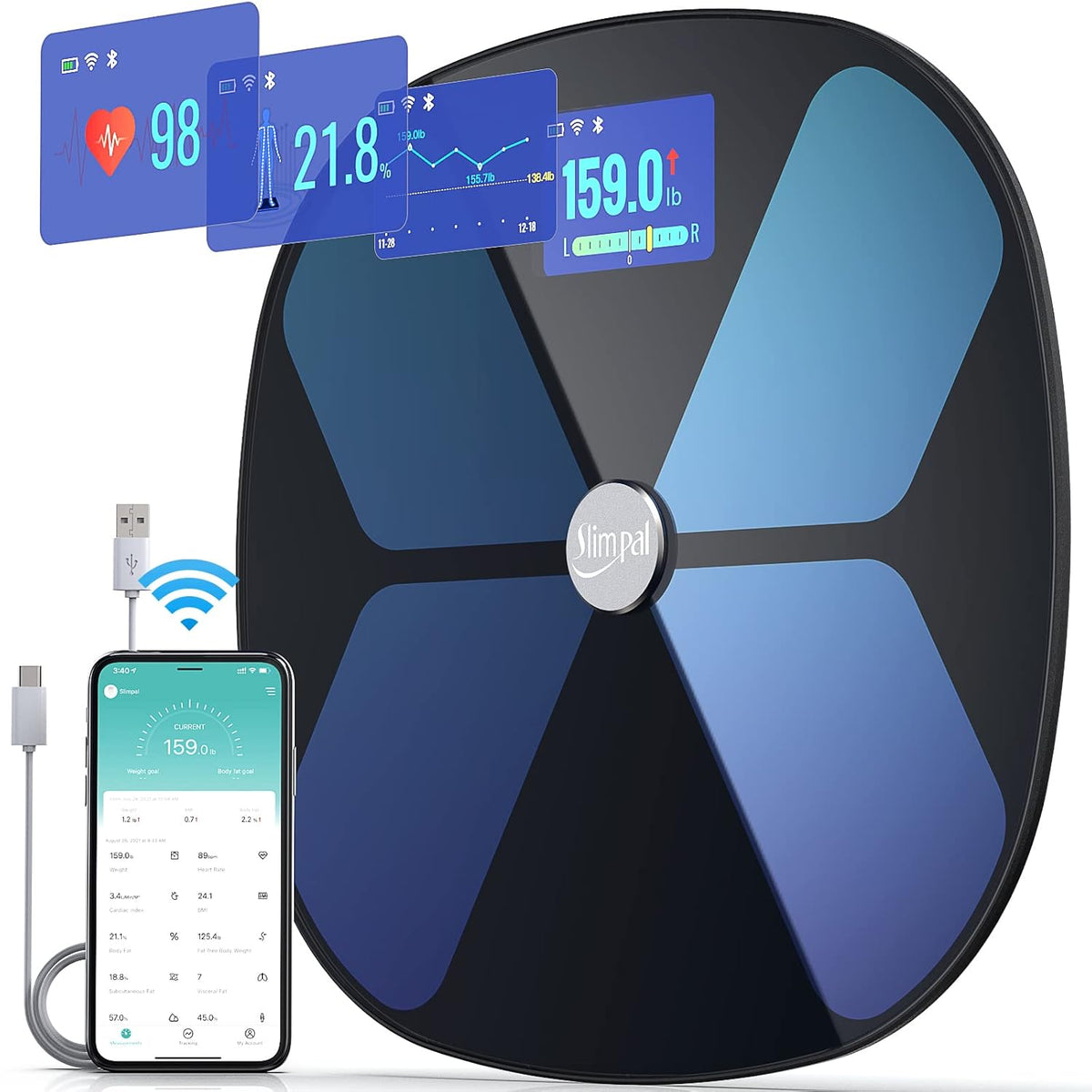 Smart Body Fat Water Weight WiFi Bluetooth Rechargeable Digital Bathroom Scale V50428