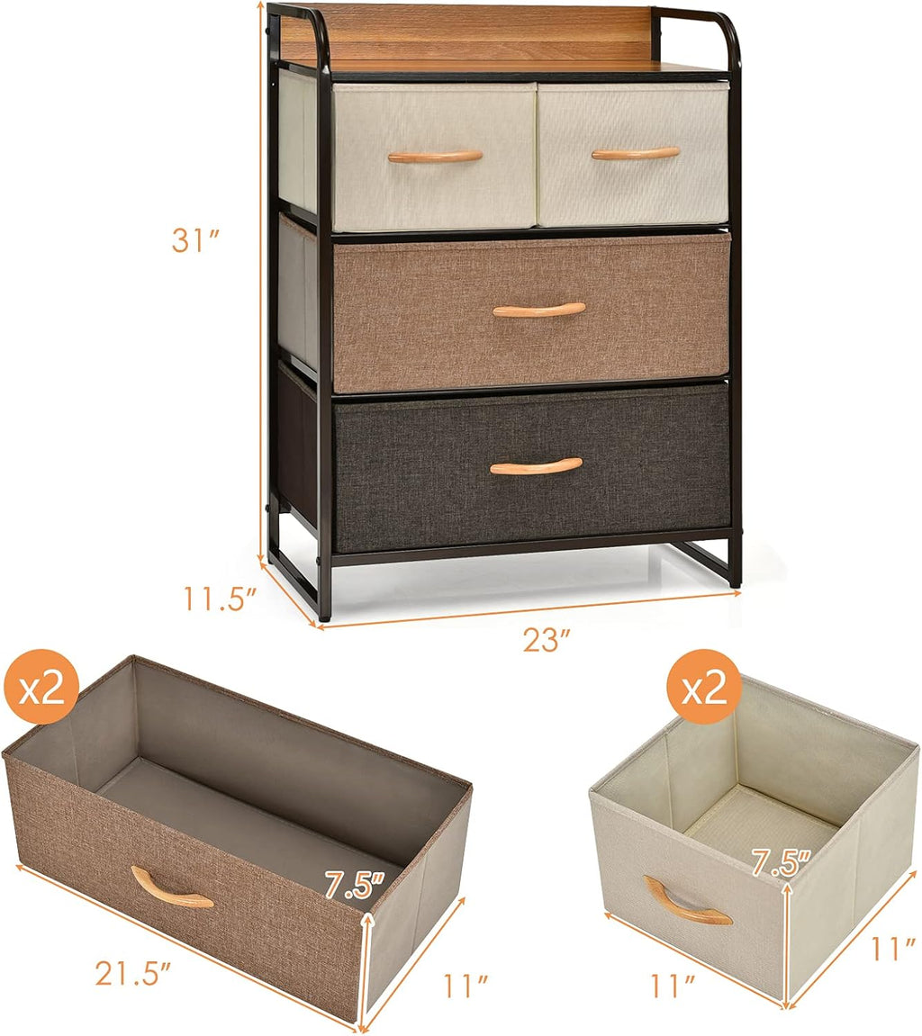 4 Drawer Fabric Dresser with Steel Frame and Wooden Top J1729