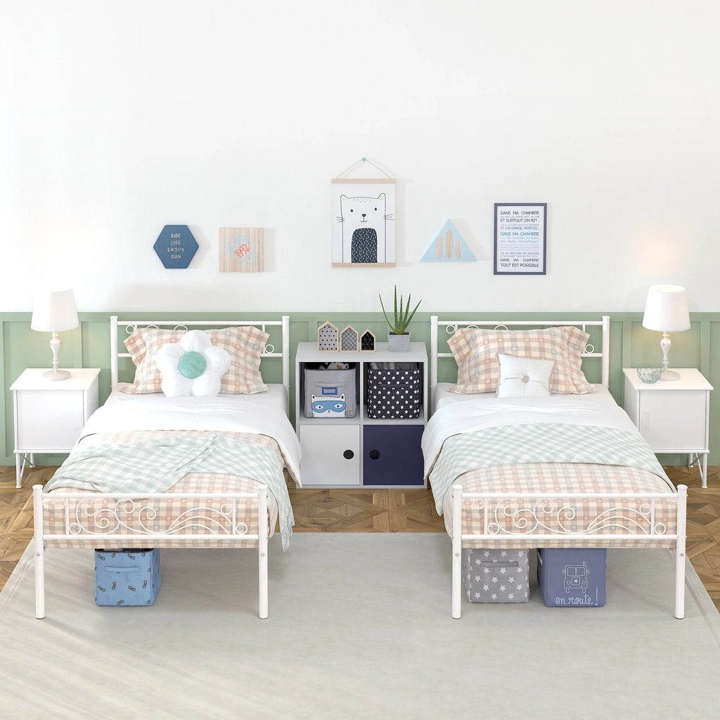 White Metal Twin Size Platform Bed Frame with Wave Headboard M14680