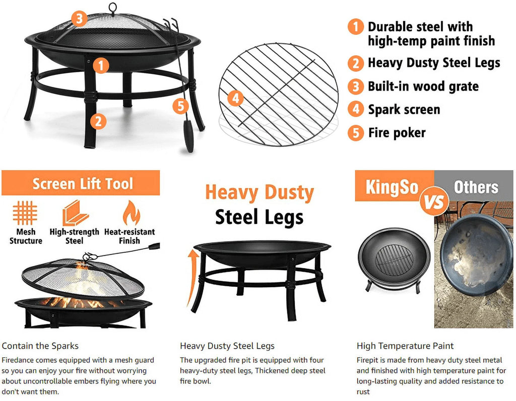22 inch Wood Burning Steel Fire Pit with Spark Screen T19787