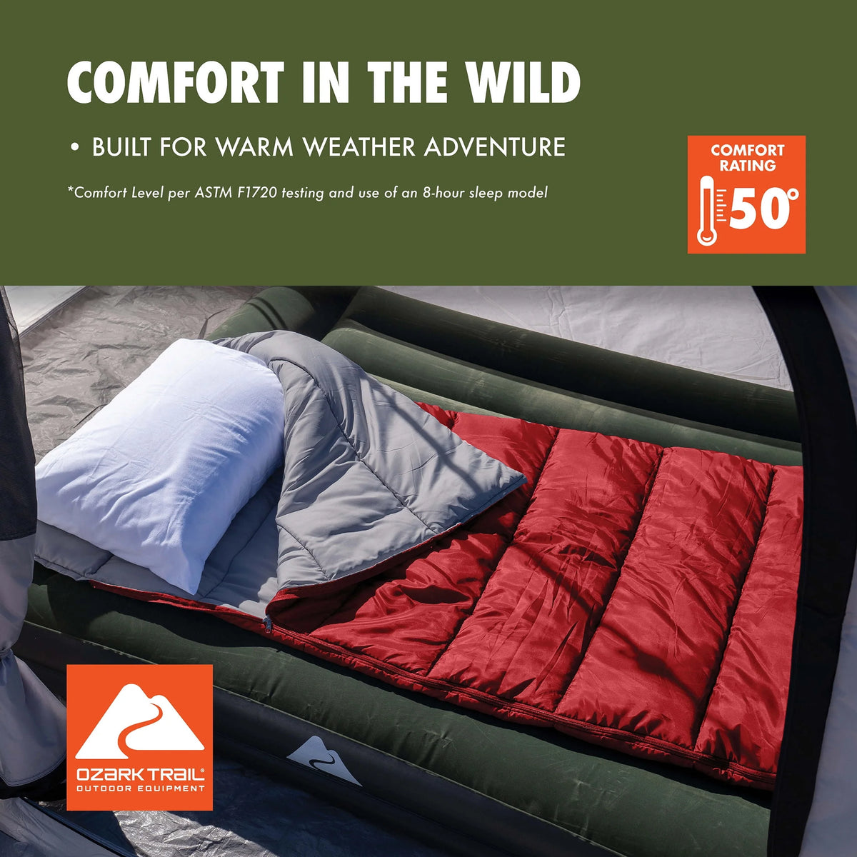 50-Degree Warm Weather Rectangular Sleeping Bag, Red, 33x75 Z59728