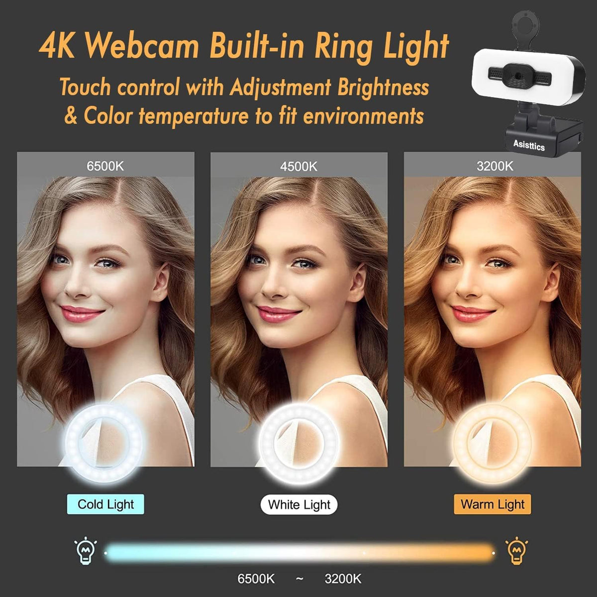 4K Webcam with Microphone and Ring Light A492803