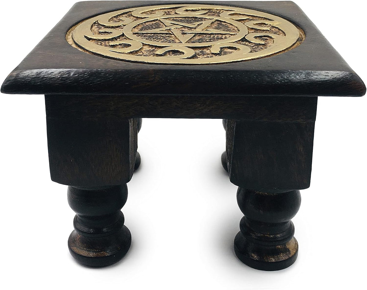 Carved Wooden Altar Table - Painted Black with Gold Design - 6 Inches Wide, 4 Inches Tall N46797