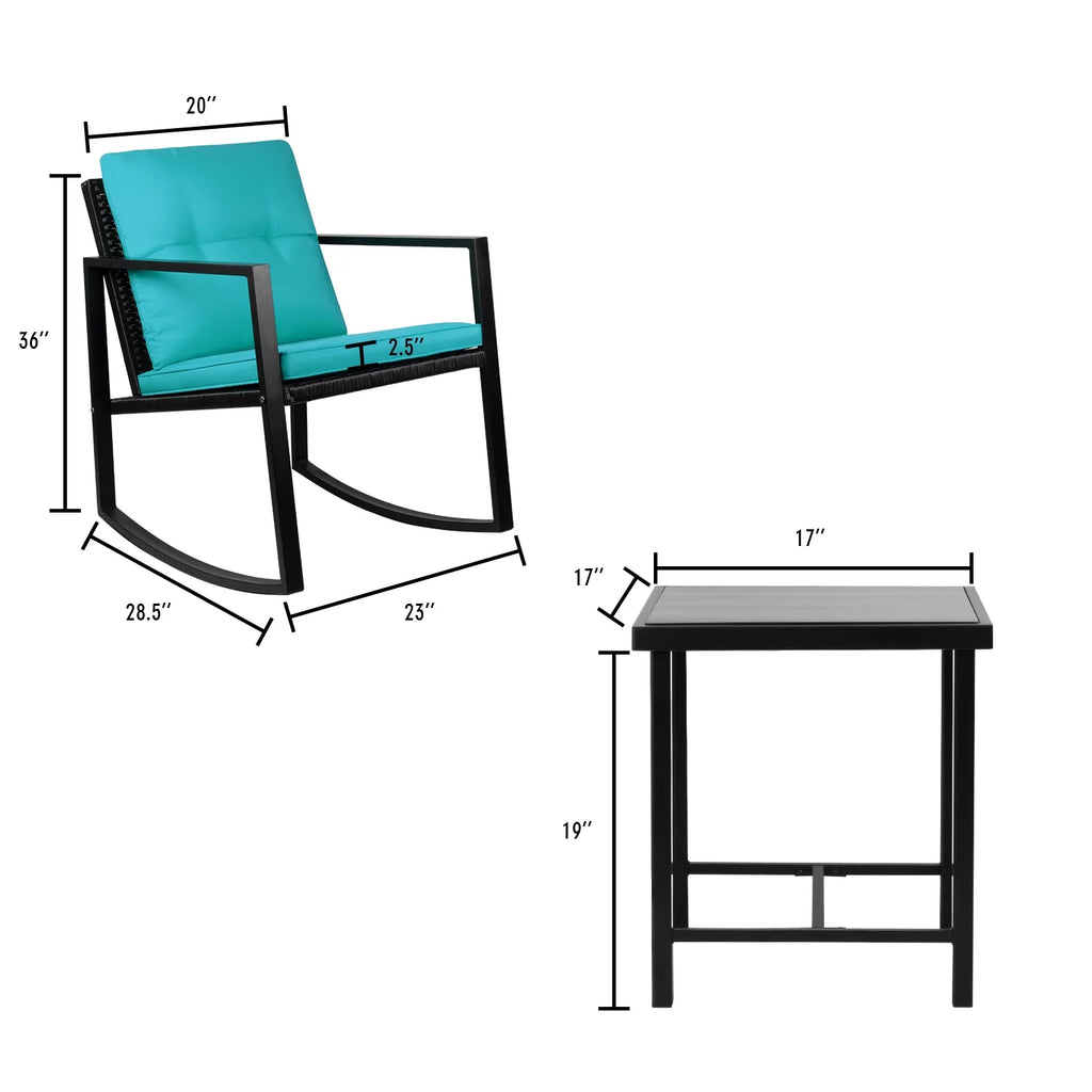 3 Pieces Cushioned PE Rattan Rocking Bistro Set with Glass Coffee Table Y16914