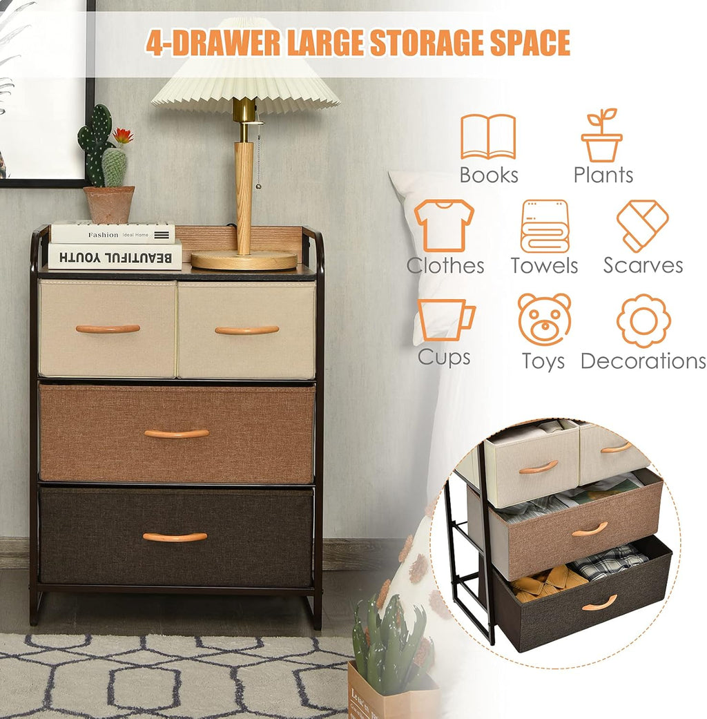 4 Drawer Fabric Dresser with Steel Frame and Wooden Top J1729
