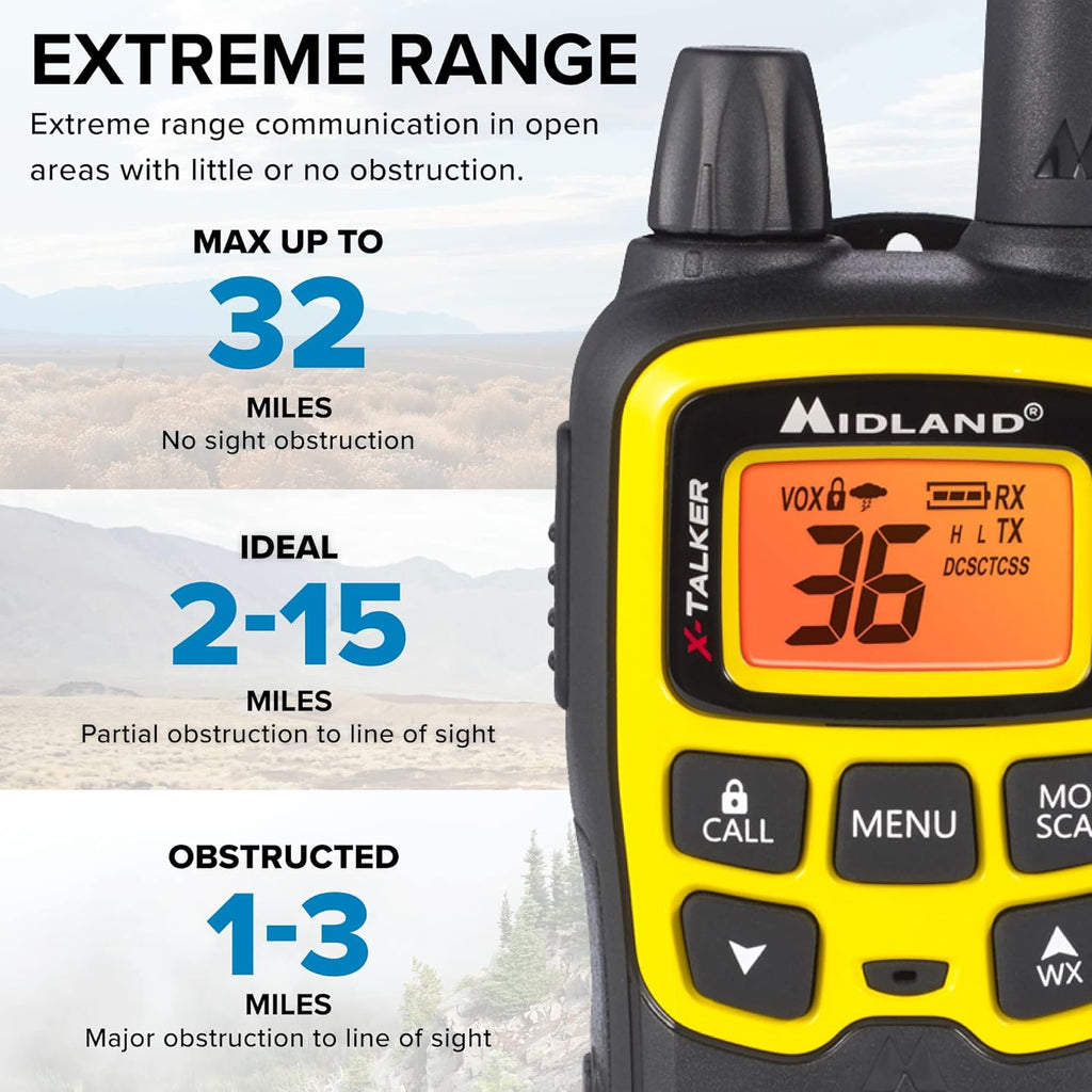 36 Channel FRS Two-Way Radio, 121 Privacy Codes, NOAA Weather Scan + Alert, Black/Yellow, 2-Pack E43138