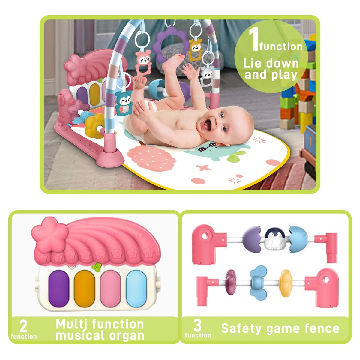 Baby Gym Play Mat 3 in 1 Fitness Rack with Music and Lights Blue A499800