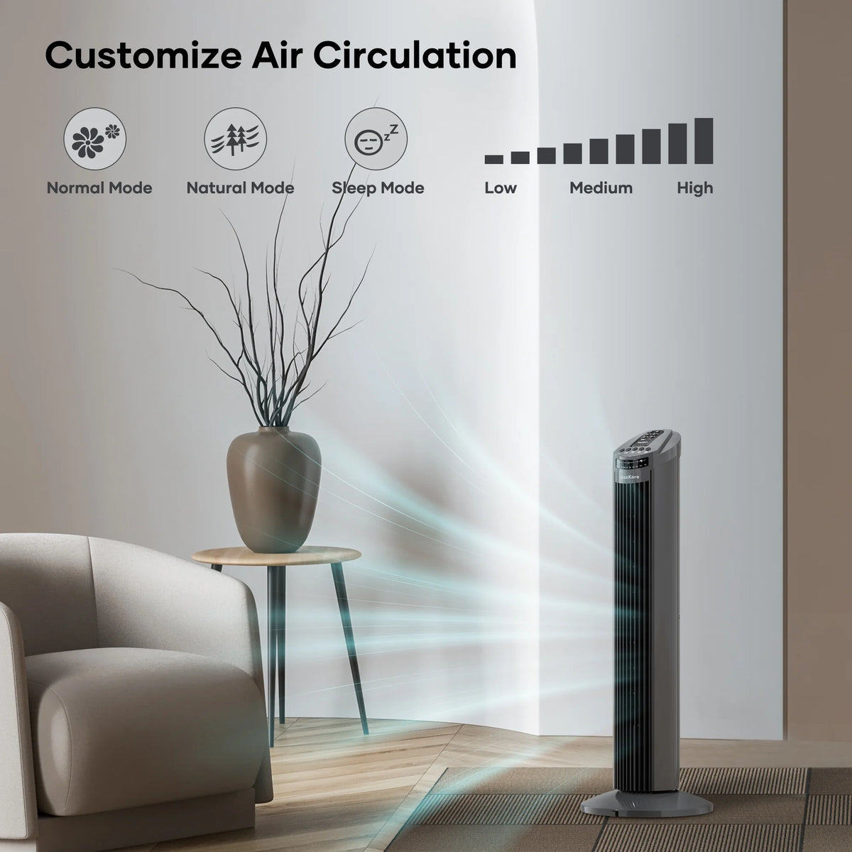 70° Oscillating Tower Fan with Remote Control 3 Speeds 3 Wind Modes Timer Dark Gray E109585