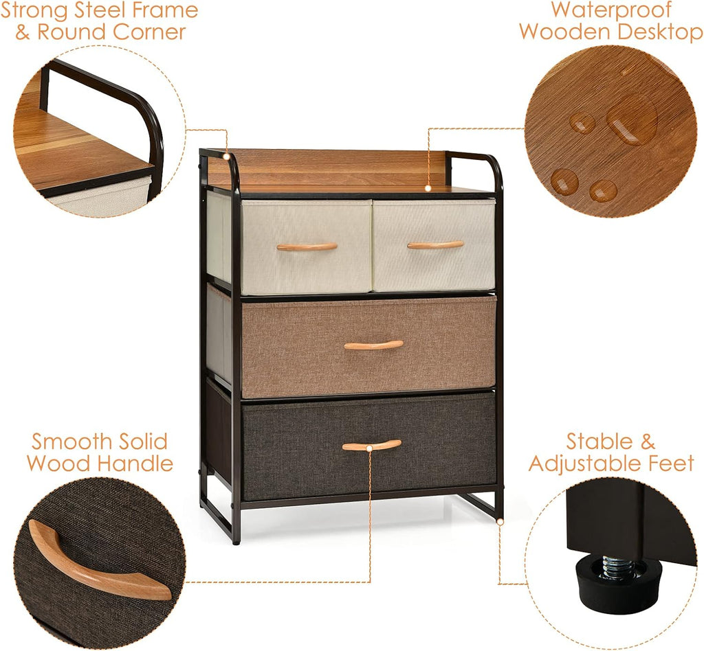 4 Drawer Fabric Dresser with Steel Frame and Wooden Top J1729
