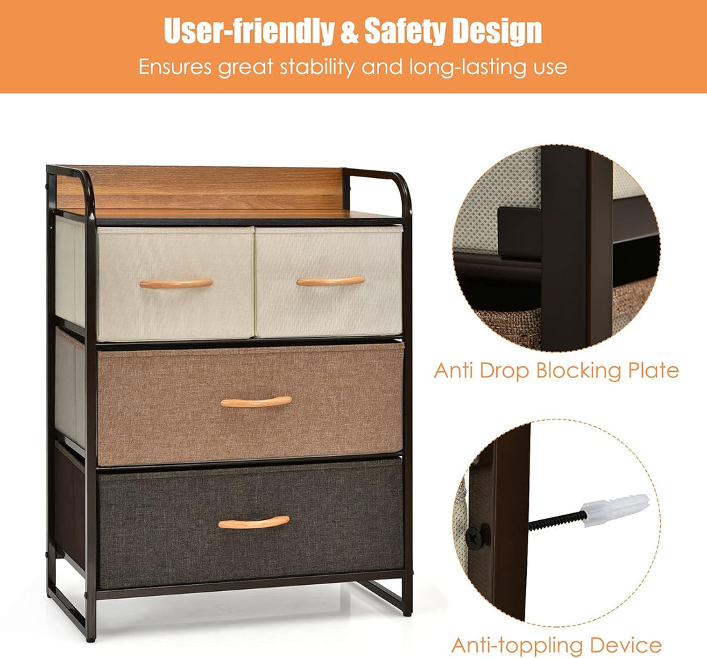 4 Drawer Fabric Dresser with Steel Frame and Wooden Top J1729
