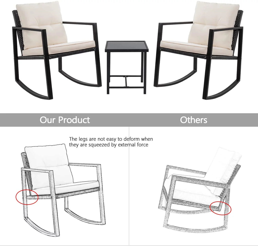 3 Pieces Cushioned PE Rattan Rocking Bistro Set with Glass Coffee Table Y16914