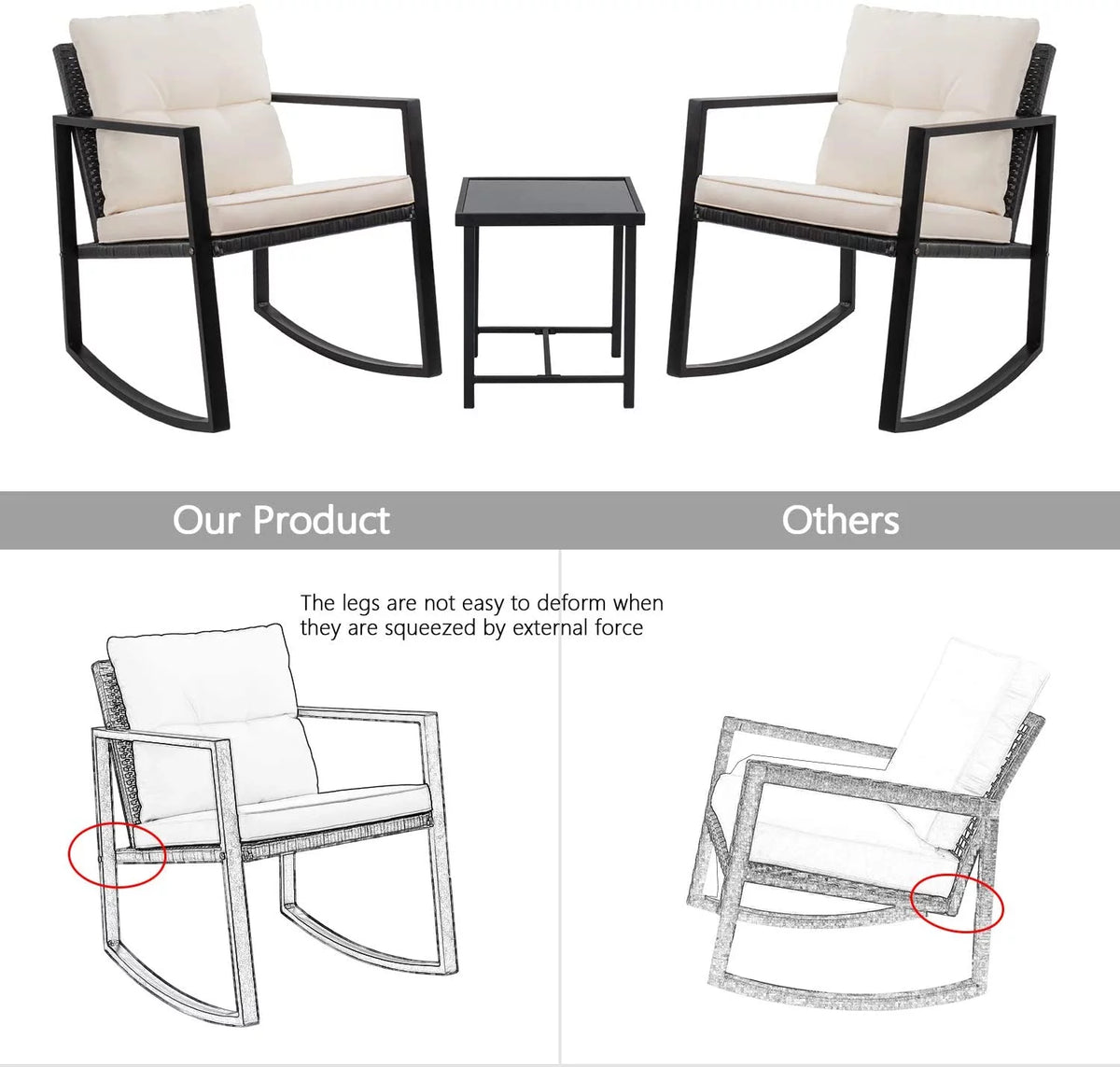 3 Pieces Cushioned PE Rattan Rocking Bistro Set with Glass Coffee Table Y16914