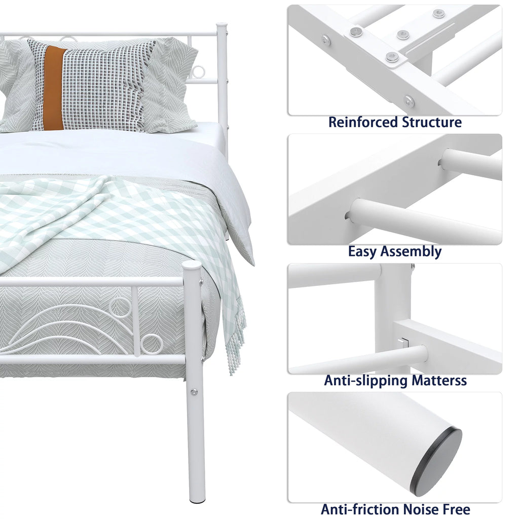 White Metal Twin Size Platform Bed Frame with Wave Headboard M14680
