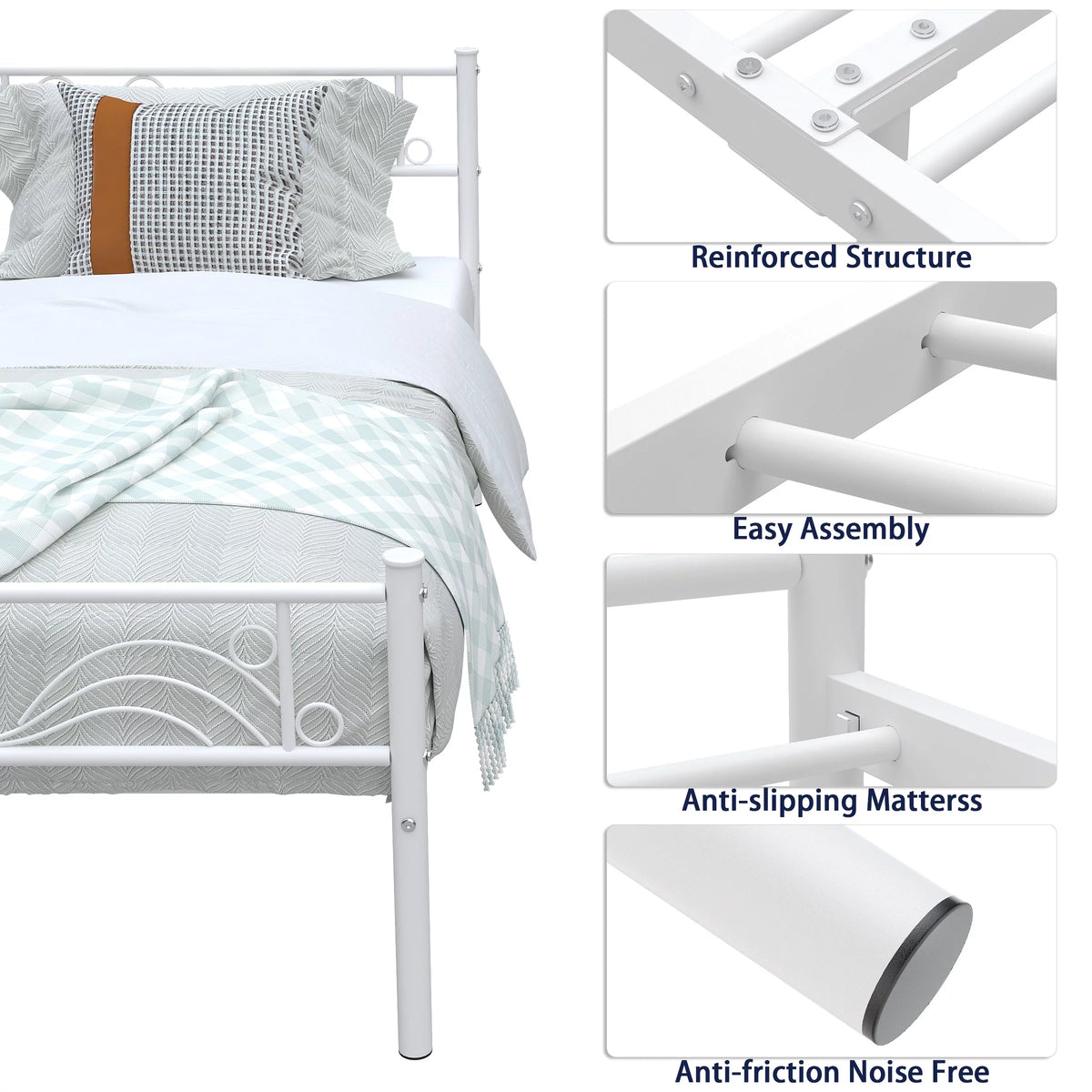 White Metal Twin Size Platform Bed Frame with Wave Headboard M14680