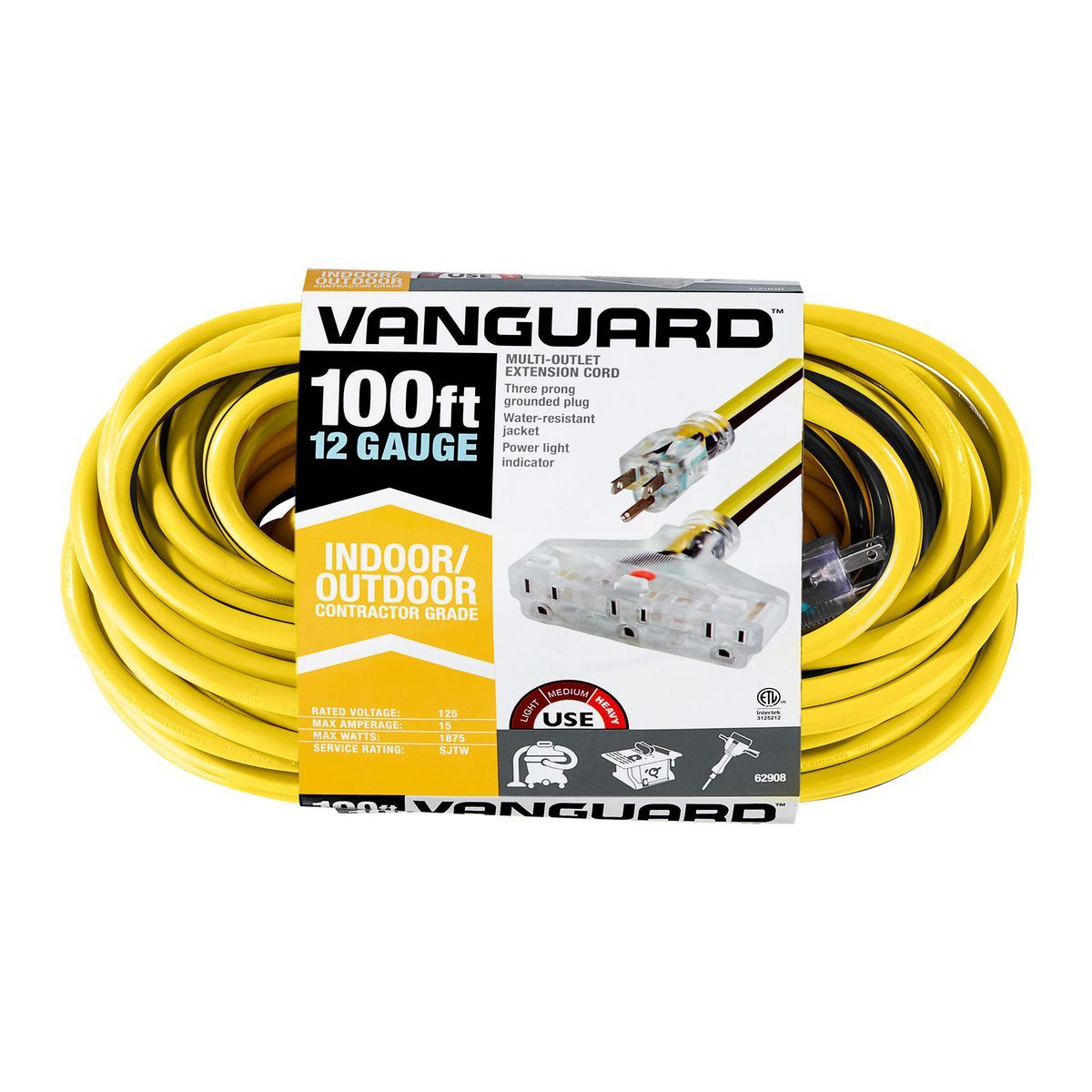 100 ft. 12/3 Gauge Multiple Outlet Extension Cord with Indicator Light, Yellow, Black Z35281