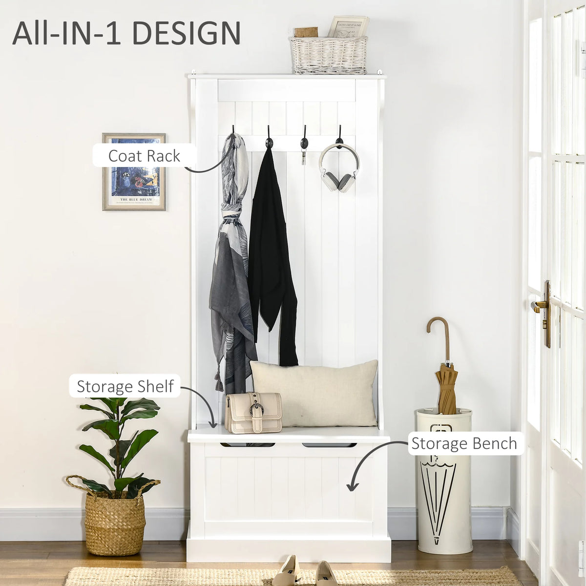 White 3-in-1 Hall Tree with Storage Bench W9339