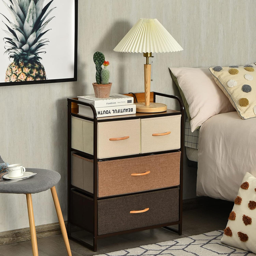 4 Drawer Fabric Dresser with Steel Frame and Wooden Top J1729