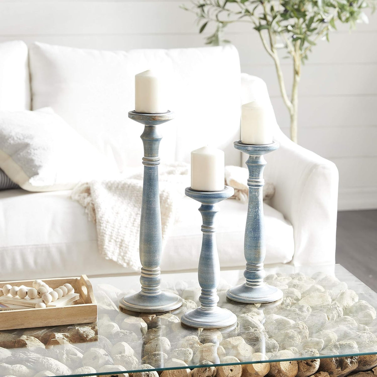 Set of 3 Blue-Washed Wood Candlestick S95282
