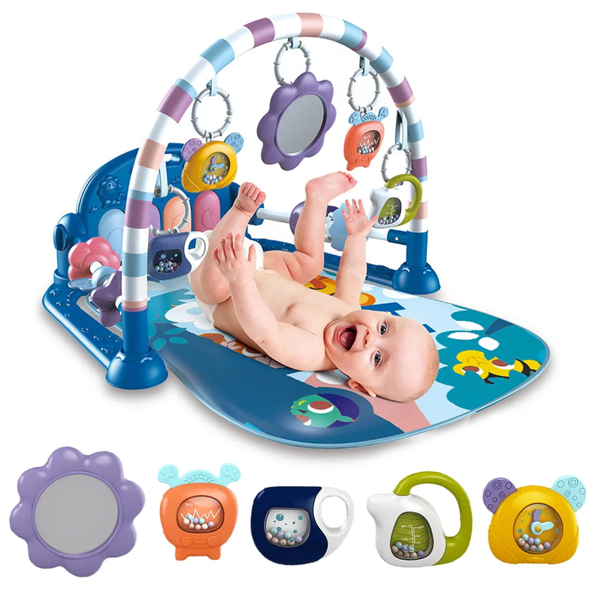 Baby Gym Play Mat 3 in 1 Fitness Rack with Music and Lights Blue A499800
