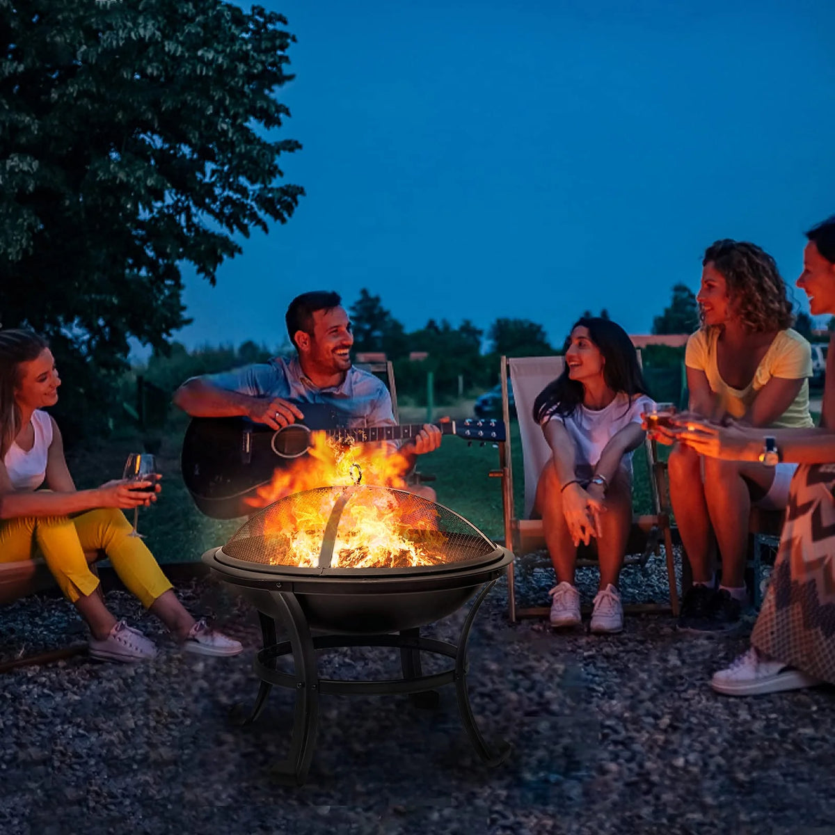 22 inch Wood Burning Steel Fire Pit with Spark Screen T19787