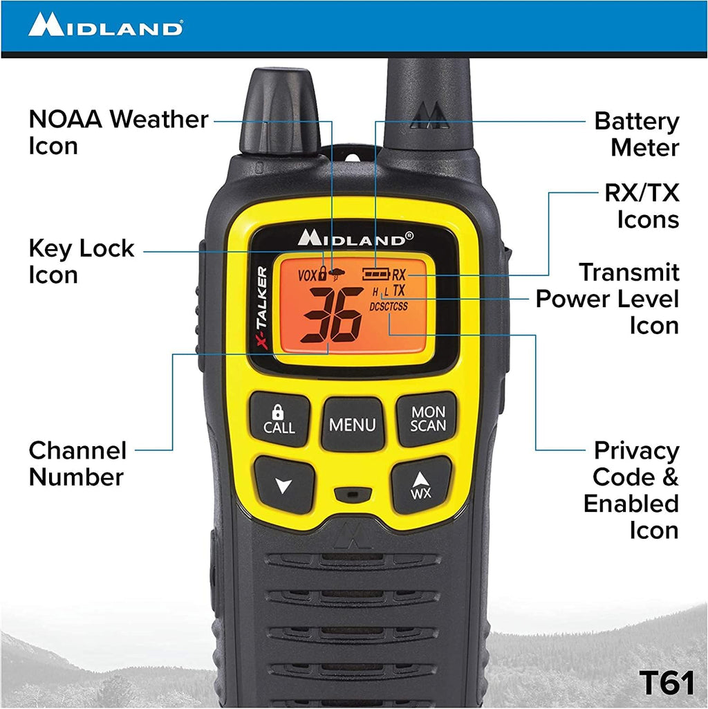 36 Channel FRS Two-Way Radio, 121 Privacy Codes, NOAA Weather Scan + Alert, Black/Yellow, 2-Pack E43138