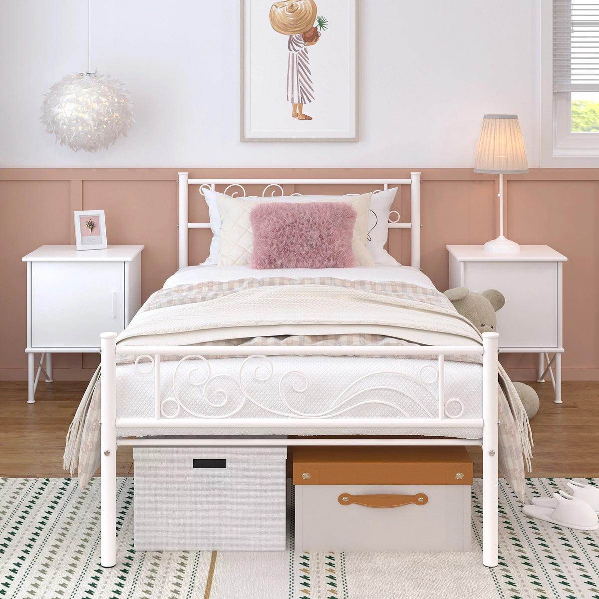 White Metal Twin Size Platform Bed Frame with Wave Headboard M14680