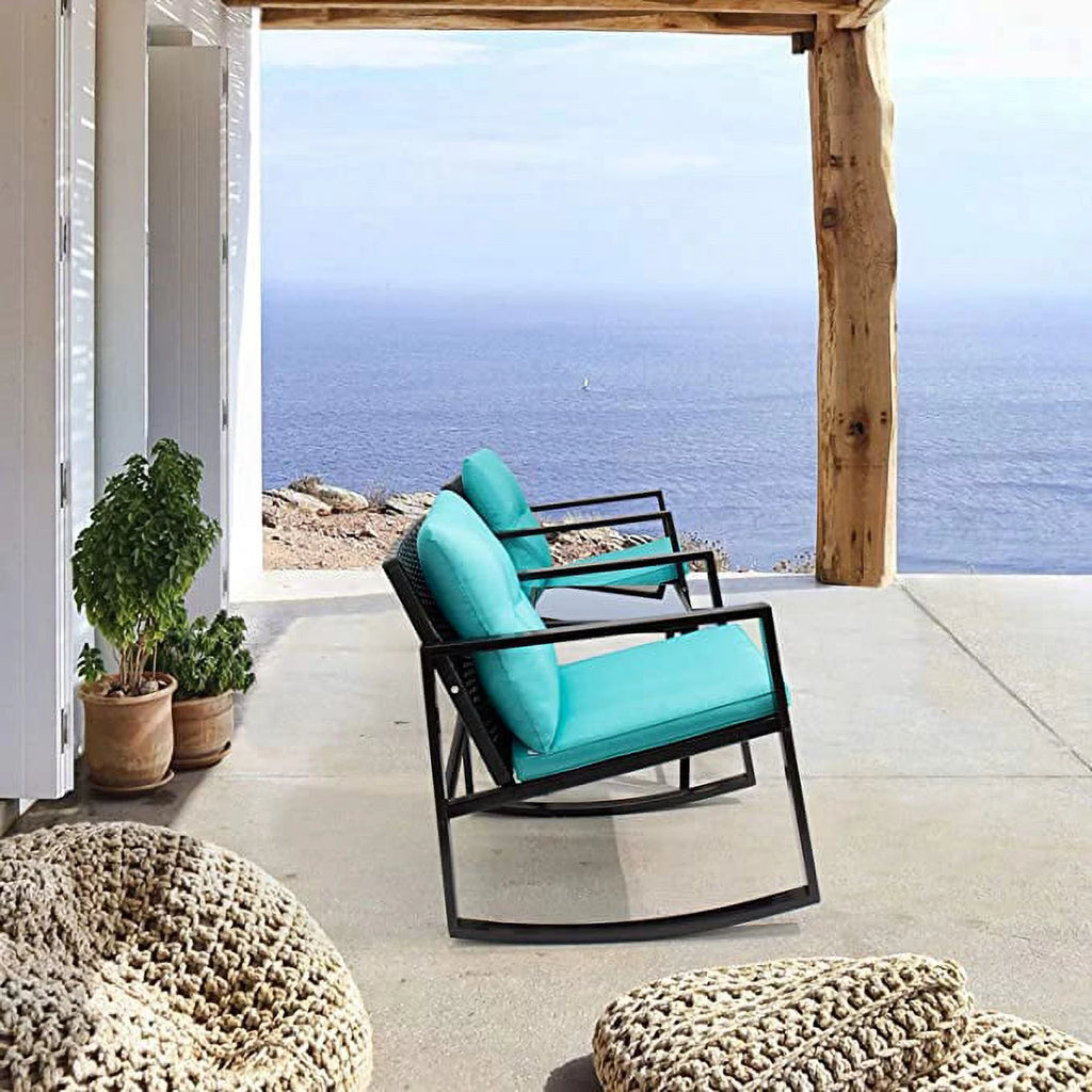 3 Pieces Cushioned PE Rattan Rocking Bistro Set with Glass Coffee Table Y16914