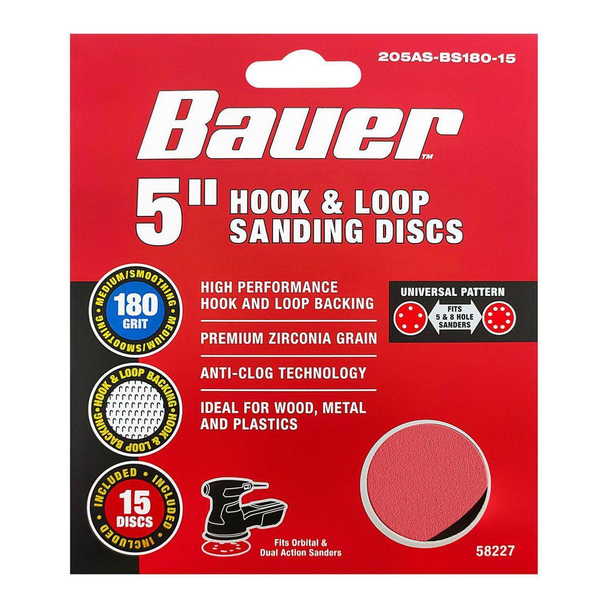 5 in. 180-Grit Hook-and-Loop Sanding Discs, 15-Pack W11946
