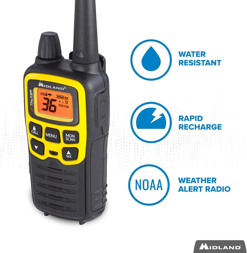 36 Channel FRS Two-Way Radio, 121 Privacy Codes, NOAA Weather Scan + Alert, Black/Yellow, 2-Pack E43138