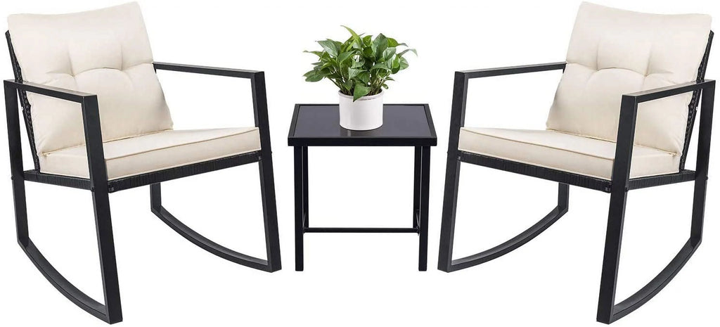 3 Pieces Cushioned PE Rattan Rocking Bistro Set with Glass Coffee Table Y16914