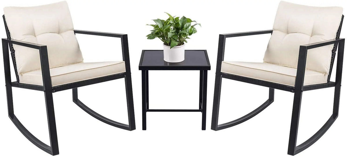3 Pieces Cushioned PE Rattan Rocking Bistro Set with Glass Coffee Table Y16914