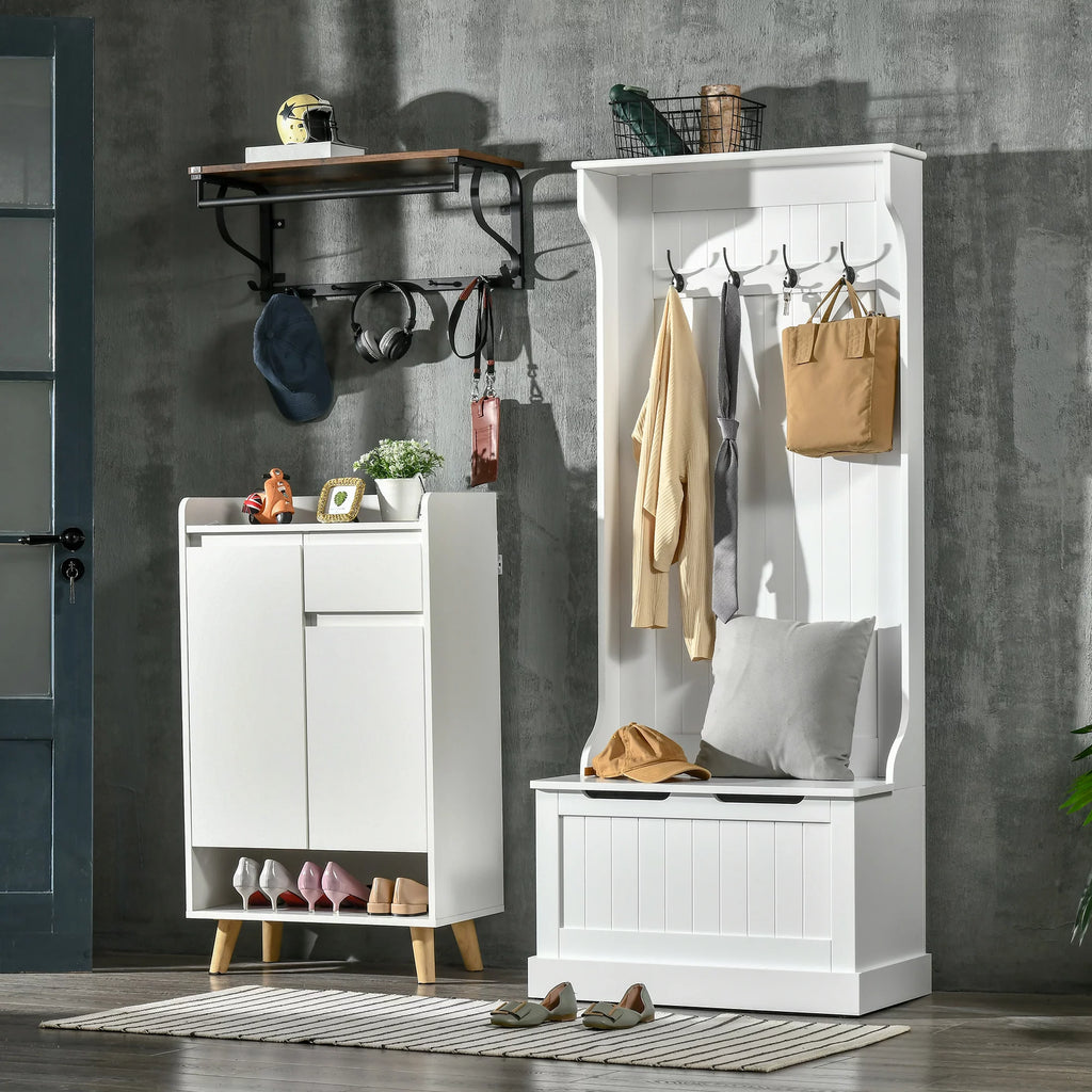 White 3-in-1 Hall Tree with Storage Bench W9339