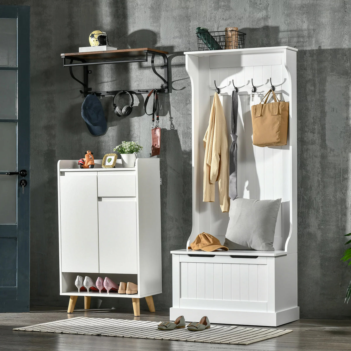 White 3-in-1 Hall Tree with Storage Bench W9339