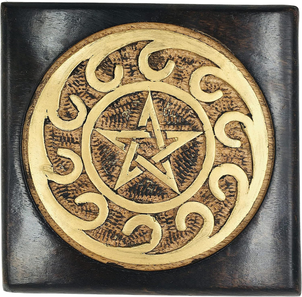 Carved Wooden Altar Table - Painted Black with Gold Design - 6 Inches Wide, 4 Inches Tall N46797
