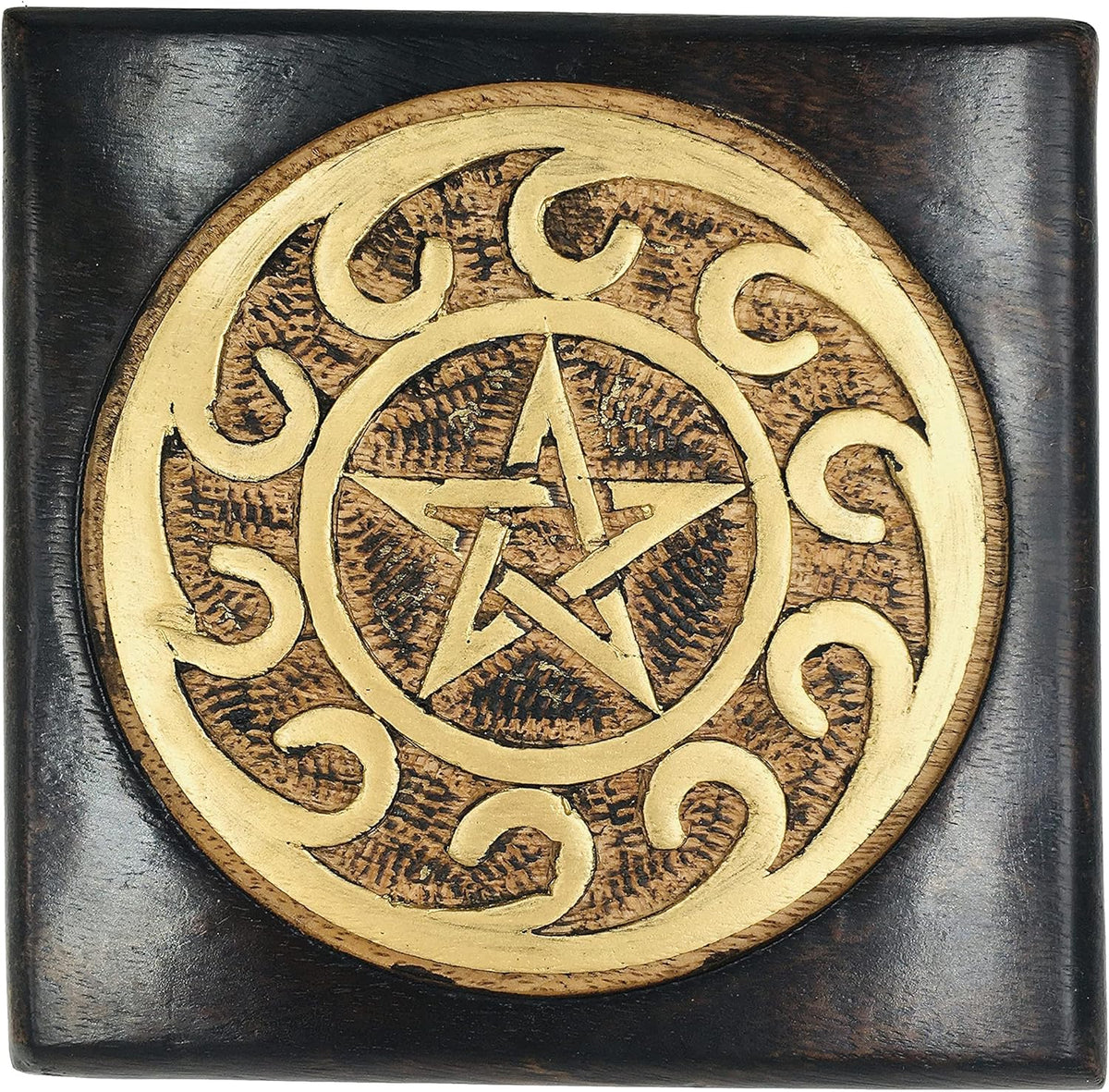Carved Wooden Altar Table - Painted Black with Gold Design - 6 Inches Wide, 4 Inches Tall N46797